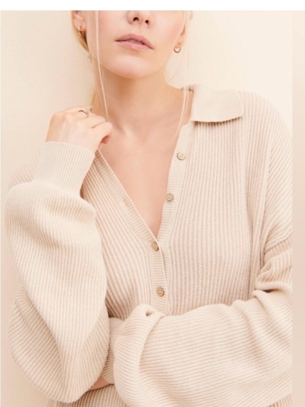 Free People Cream Ribbed Button-Down Pullover